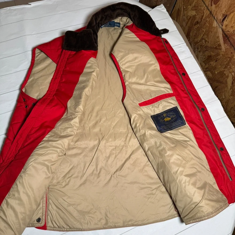 VTG Polo Ralph Lauren Red Quilted Puffer Vest Calf Suede Collar‎ Mens Jacket 2XL